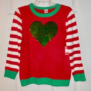 GIRL'S CHRISTMAS SWEATER WITH GREEN SEQUIN HEART * LONG SLEEVE * NEW *